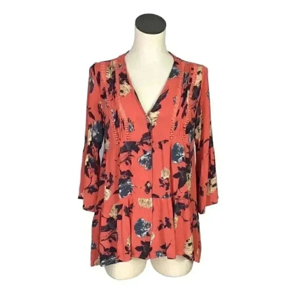 Miss Me Top Womens S Orange Floral Rayon Tiered Ruffle 3/4 Sleeves Lace Boho - Picture 1 of 5